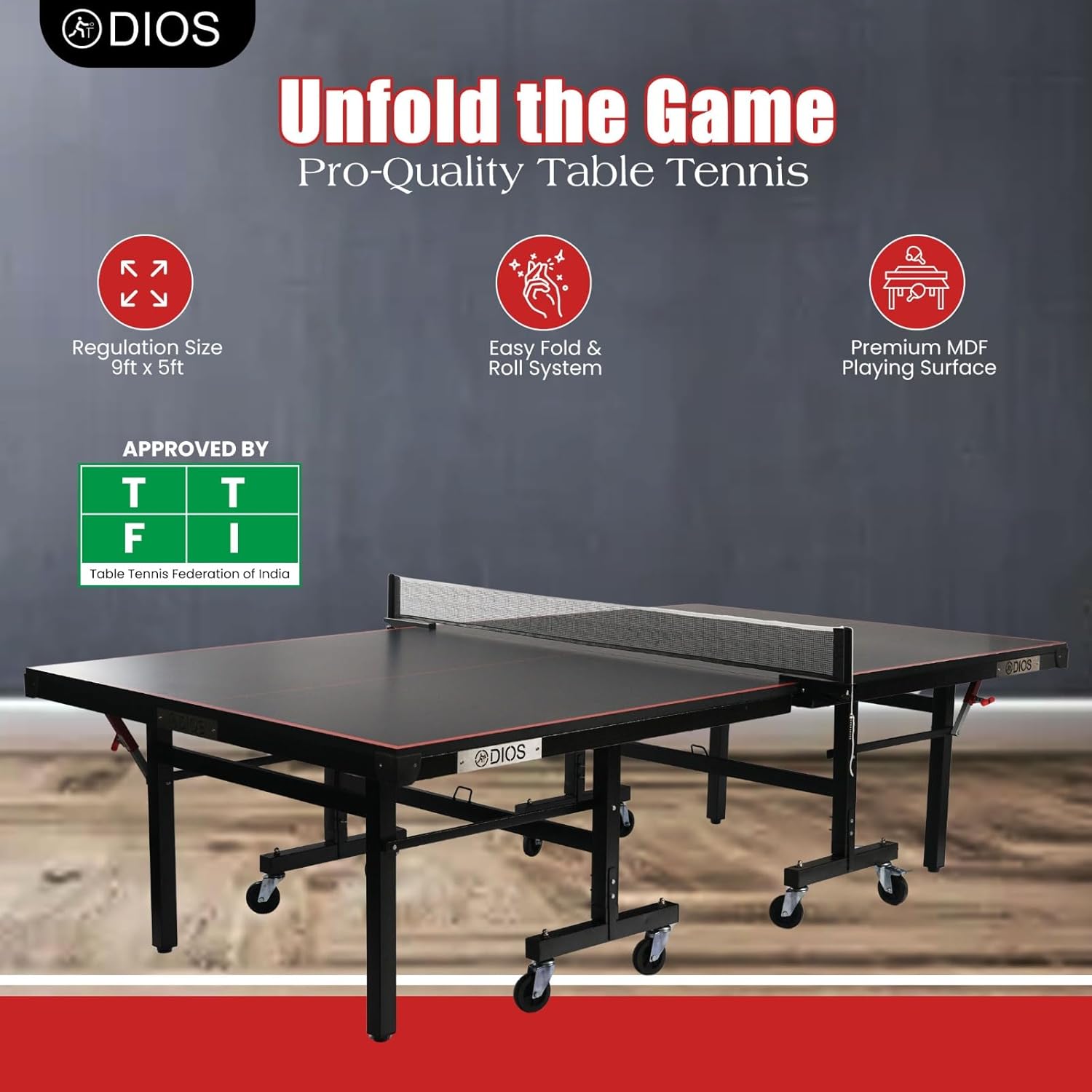 DIOS Table Tennis (T.T) Table| Tournament-Grade Ping Pong Table | Quick Assembly | Foldable with Playback Mode | Indoor & Professional Use (Black, 15MM)